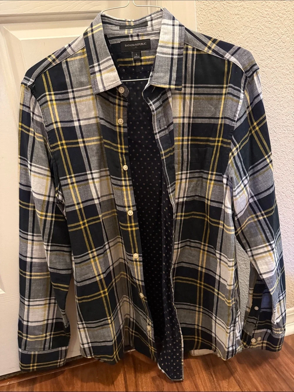 Banana Republic Navy, White & Yellow Plaid Button-Down Shirt